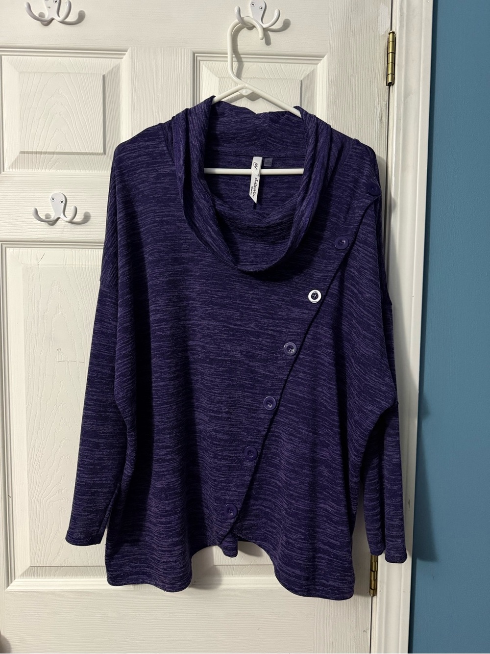 NY Collection Purple Cowl Neck Button-Accent Sweater
